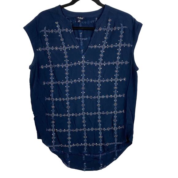 Lucky Brand Navy Blue Embroidered Beaded Cap Sleeve Top Size Medium - Picture 1 of 6